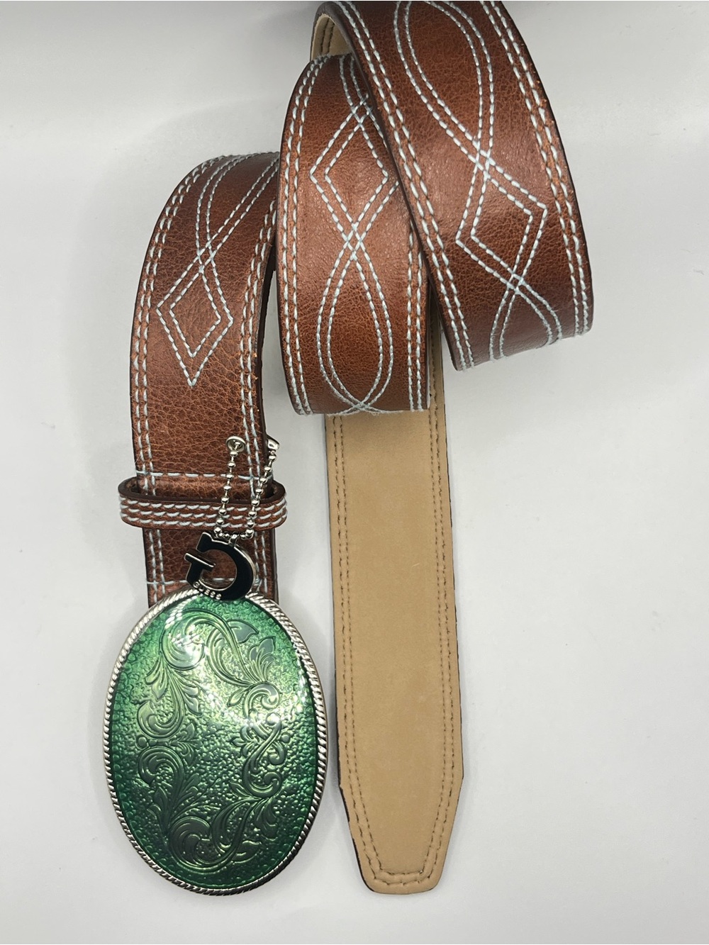 Guess Brown Leather Belt with Green Floral Oval Enamel Buckle